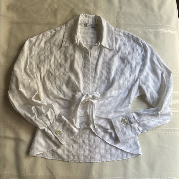 Zara White Button Down Shirt with Tie Front - Picture 7 of 11